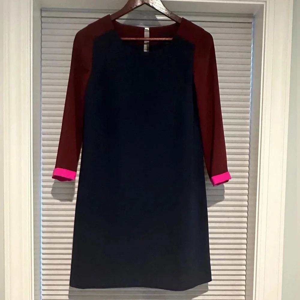 J. Crew Collection color block shift dress navy, maroon, pink 3/4 sleeves